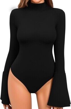 MANGOPOP Bell Sleeve Mock Neck Bodysuit for Women Going Out Top Size Small